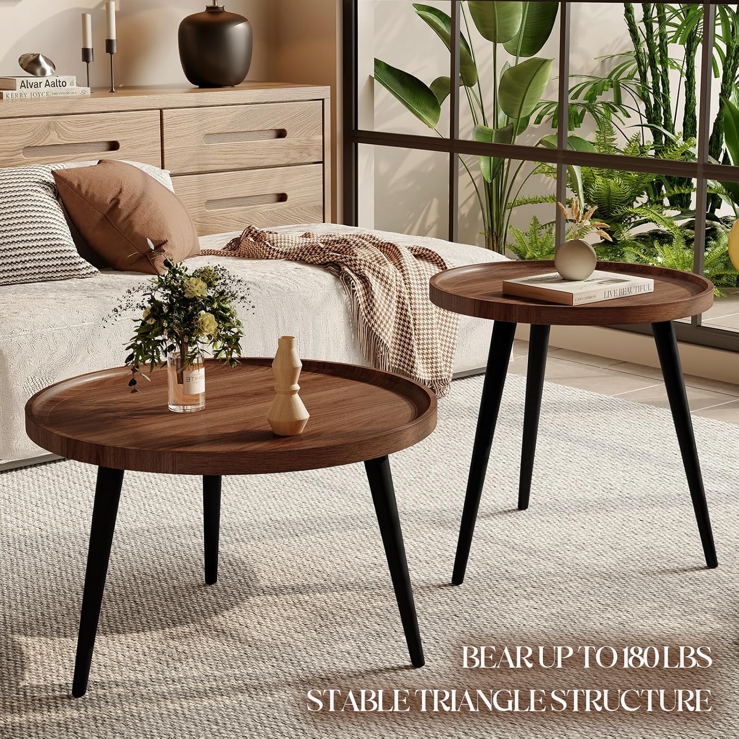 2 Pcs Mid Century Modern Coffee Table Round for Living Room,Easy Assembly Nesting Coffee Tables,Minimalist Circle Walnut Coffee Table for Bedroom Office Balcony Yard