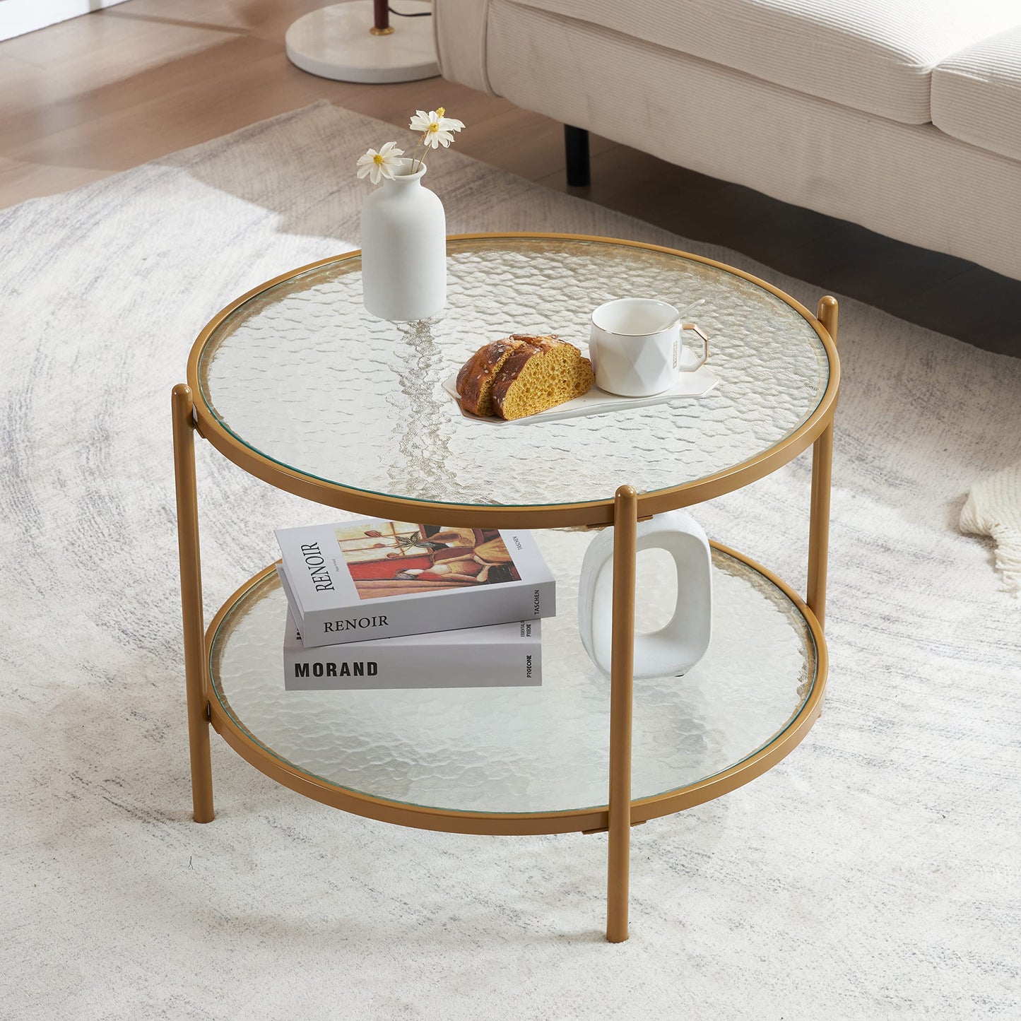 VINGLI 25.6" Rattan Coffee Table, Round Water-Wave Glass Metal Center Table, Modern Coffee Table with 2-Tier Storage, Farmhouse Circular Table for Living Room and Small Space, Natural Vibe