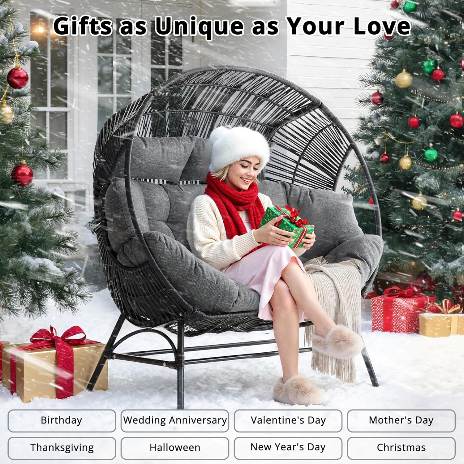 IRONCK 2 Person Egg Chair Outdoor Indoor, Oversized Double Wicker Lounge Chair, Thickened Padded Cushions and Headrests, 680Lbs Egg Loveseat for Patio, Balcony, Living Room, Porch, Gray