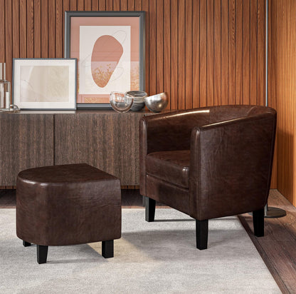 BELLEZE Accent Chair with Ottoman Set, Modern Upholstered Curved Back Chair, Barrel Round Tub Reading Chair and Footrest for Living Room Bedroom - Floral Beige/Linen