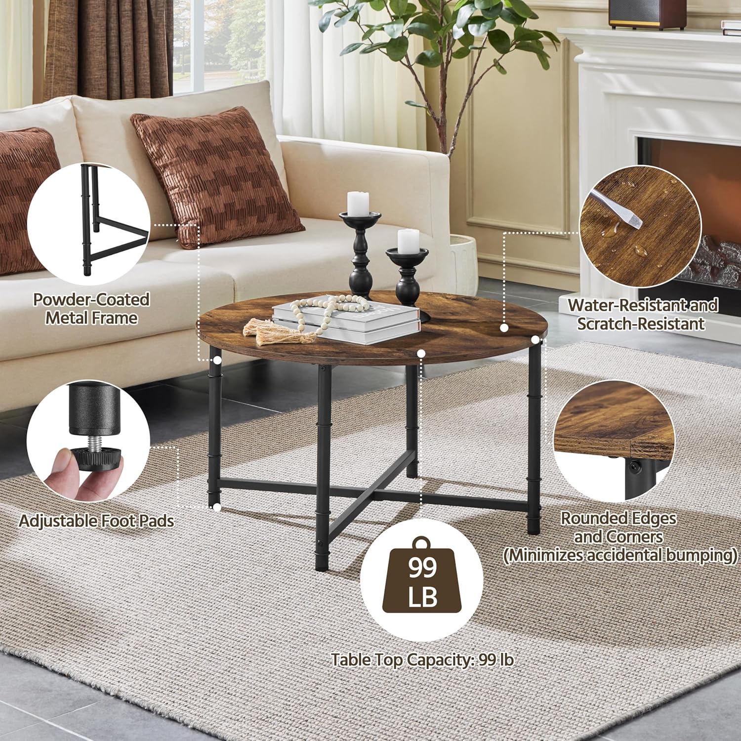 Yaheetech Round Coffee Table, Small Coffee Table with Sturdy Metal Legs for Living Room, Rustic Wood Circle Tables Easy to Assemble, 31.5 x 17.7 Inches