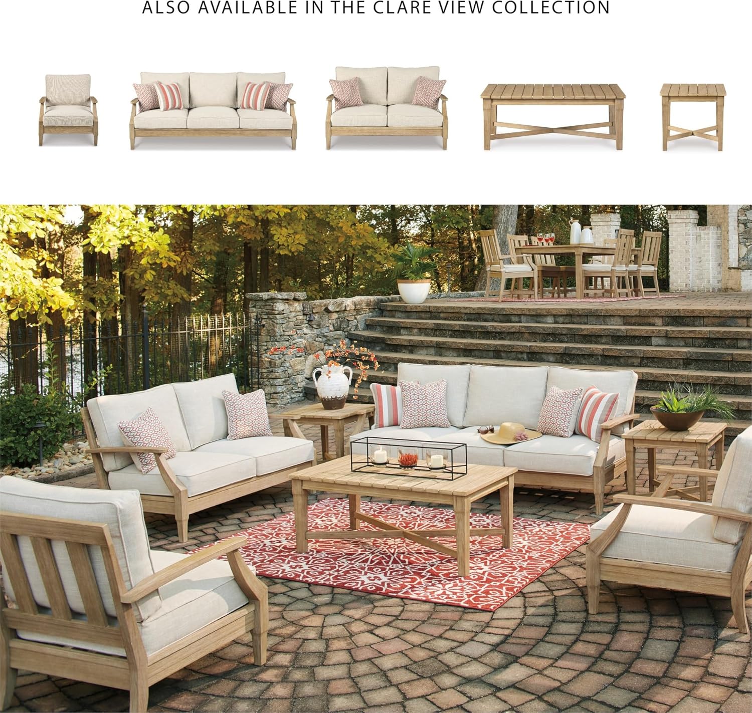 Signature Design by Ashley Clare View Outdoor Patio Sofa, 4 Throw Pillows, Nuvella Weather Resistant Fabric, Eucalyptus Wood, 81" W x 35" D x 32" H, Beige