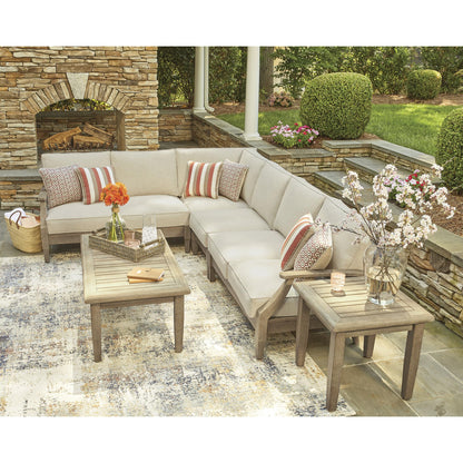 Signature Design by Ashley Clare View Outdoor Patio Sofa, 4 Throw Pillows, Nuvella Weather Resistant Fabric, Eucalyptus Wood, 81" W x 35" D x 32" H, Beige