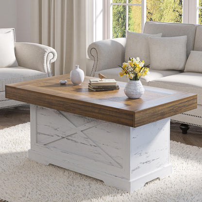 Coffee Table 39 in Rustic Center Table with X-Design Wooden Pedestal for Living Room, Space Saving, Rectangle Home Office Tea Accent Table for Apartment, Dark Oak Black