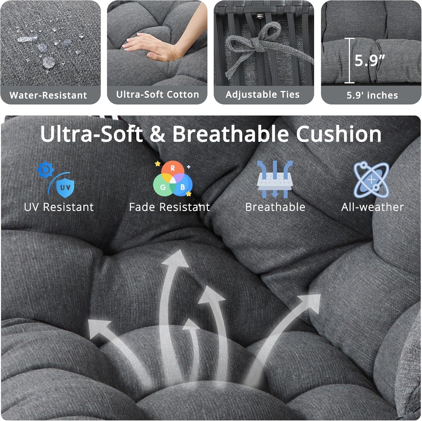 IRONCK 2 Person Egg Chair Outdoor Indoor, Oversized Double Wicker Lounge Chair, Thickened Padded Cushions and Headrests, 680Lbs Egg Loveseat for Patio, Balcony, Living Room, Porch, Gray