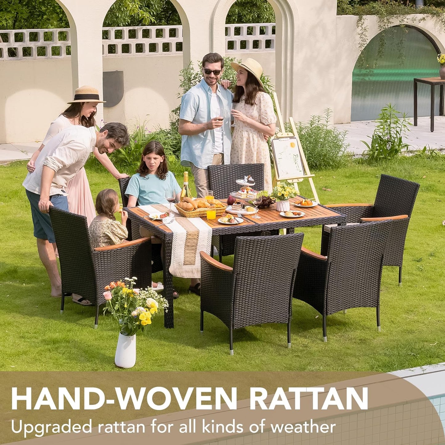 Devoko Dining 7 PCS Furniture, Patio Conversation Set with Acacia Wood Table Top, Outdoor, Beige Cushion and Black Rattan