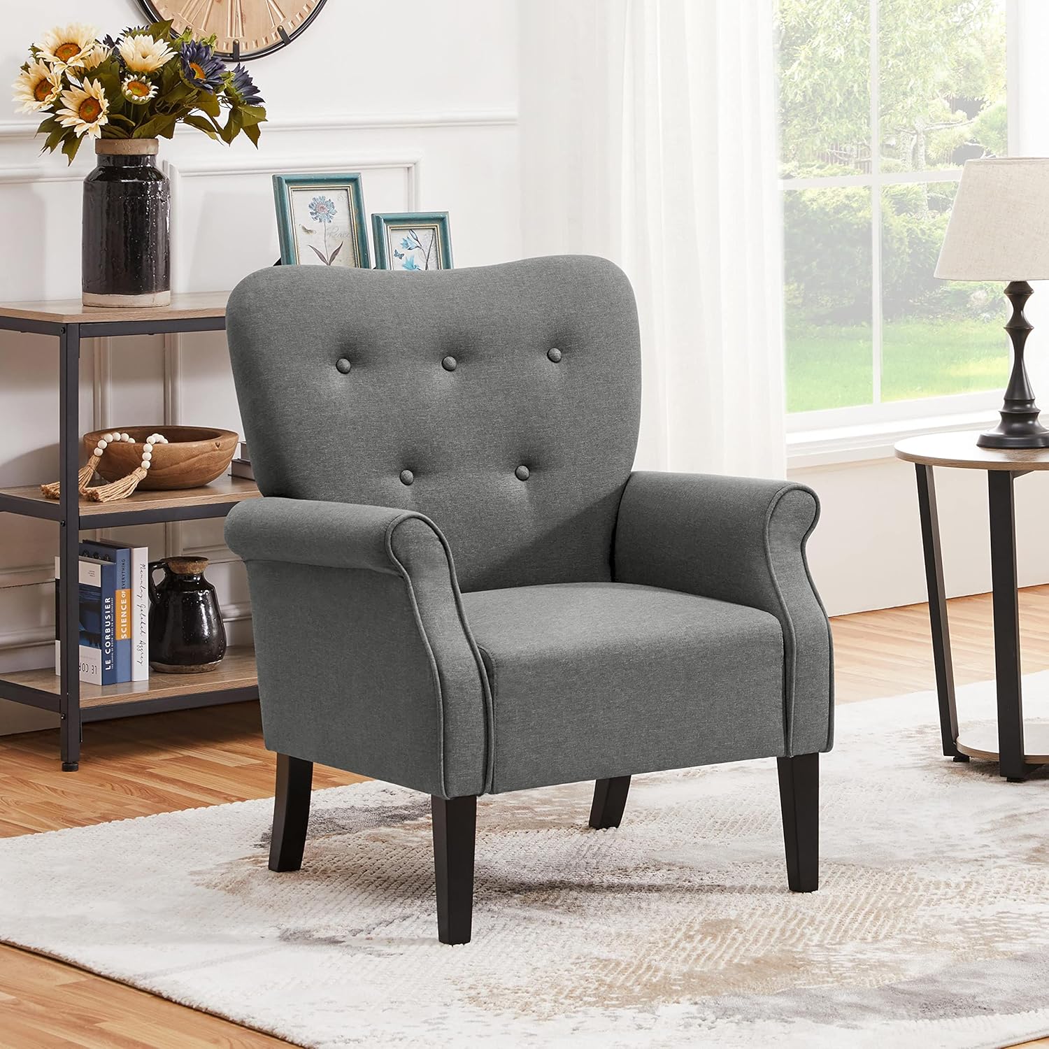 Yaheetech Wingback Chair Modern Wooden Legs Armchair Upholstered TV Chair with Armrests Single Sofa Seat Comfort Dark Grey