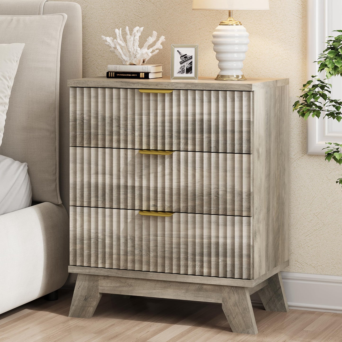 Fluted Nightstand, 24" Wide Side Table with 3 Large Storage Drawers, Mid Century Modern Wood Night Stand with Metal Handle, Wooden Bedside End Table for Bedroom, Living Room, Closet, Natural Oak