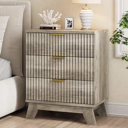 Fluted Nightstand, 24" Wide Side Table with 3 Large Storage Drawers, Mid Century Modern Wood Night Stand with Metal Handle, Wooden Bedside End Table for Bedroom, Living Room, Closet, Natural Oak
