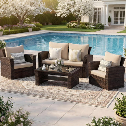 Wisteria Lane 4 Piece Patio Furniture Set, Wicker Outdoor Patio Conversation Furniture Set, All Weather Outdoor Patio Sofa with Cushion and Glass Table, Brown