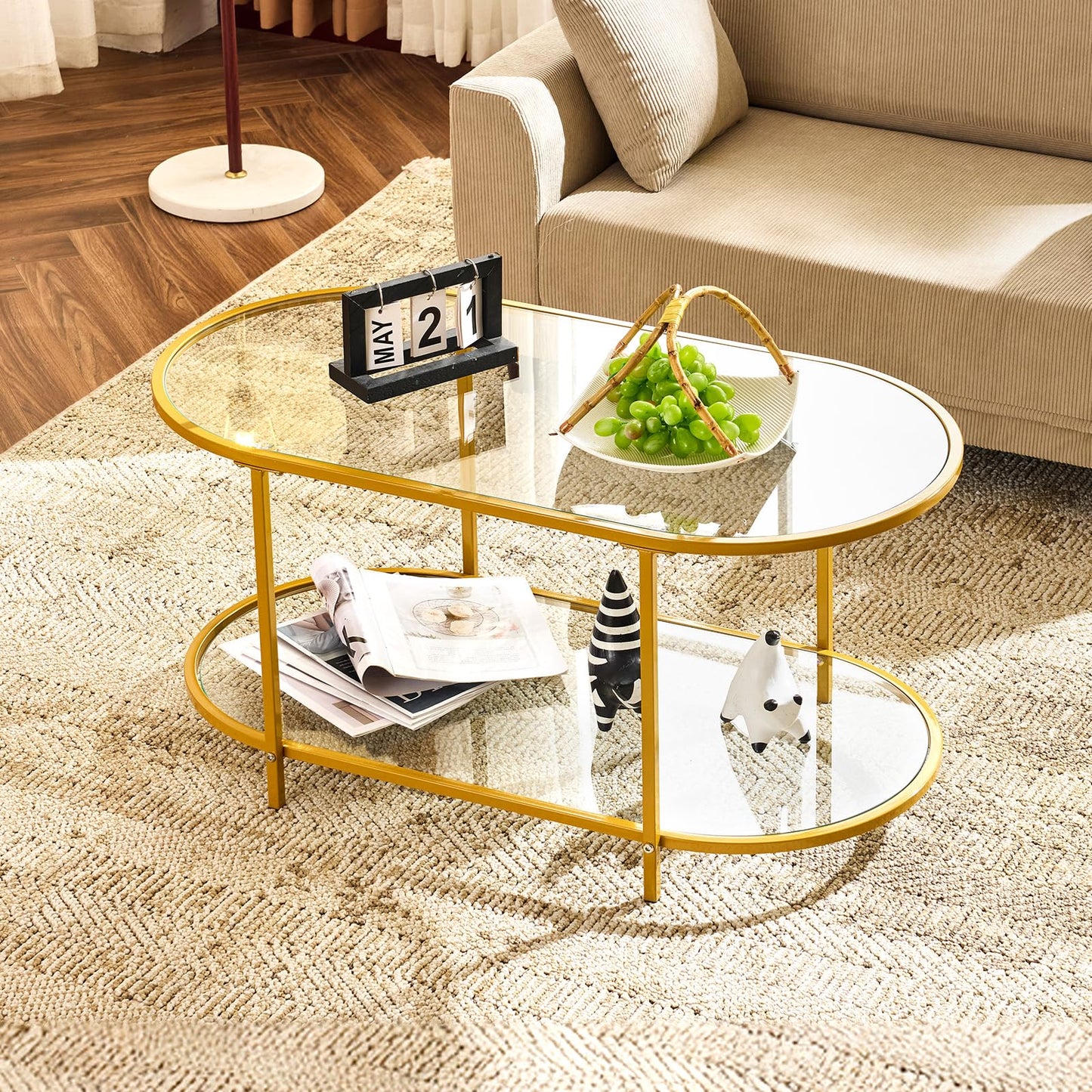 VINGLI 25.6" Rattan Coffee Table, Round Water-Wave Glass Metal Center Table, Modern Coffee Table with 2-Tier Storage, Farmhouse Circular Table for Living Room and Small Space, Natural Vibe
