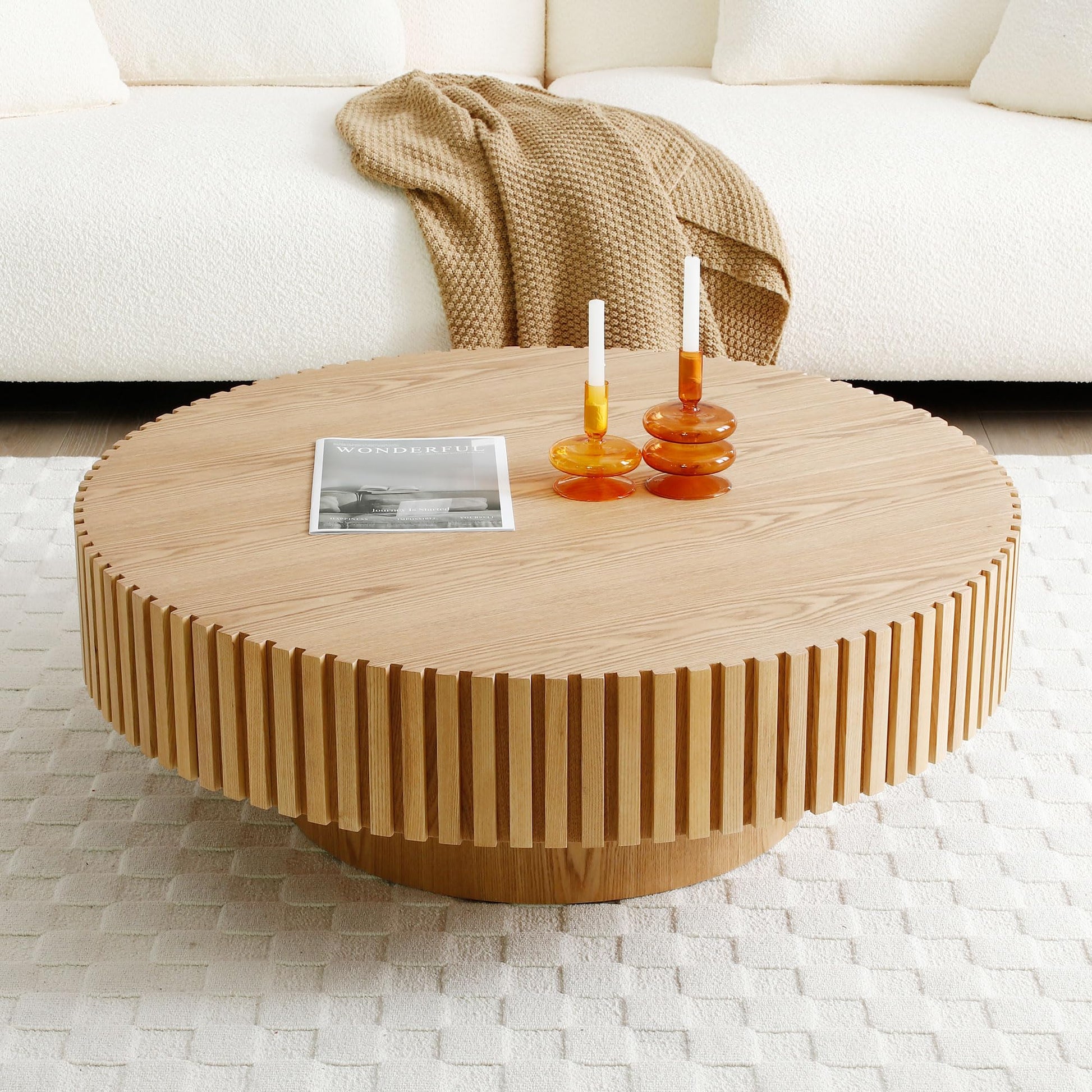 Round Coffee Table with Storage, Modern Wooden Coffee Table with Solid Wood Veneered, Circle Center Table Accent Tea Table for Living Room Apartment Small Space (31.5''L × 31.5''W × 14''H, Natural)