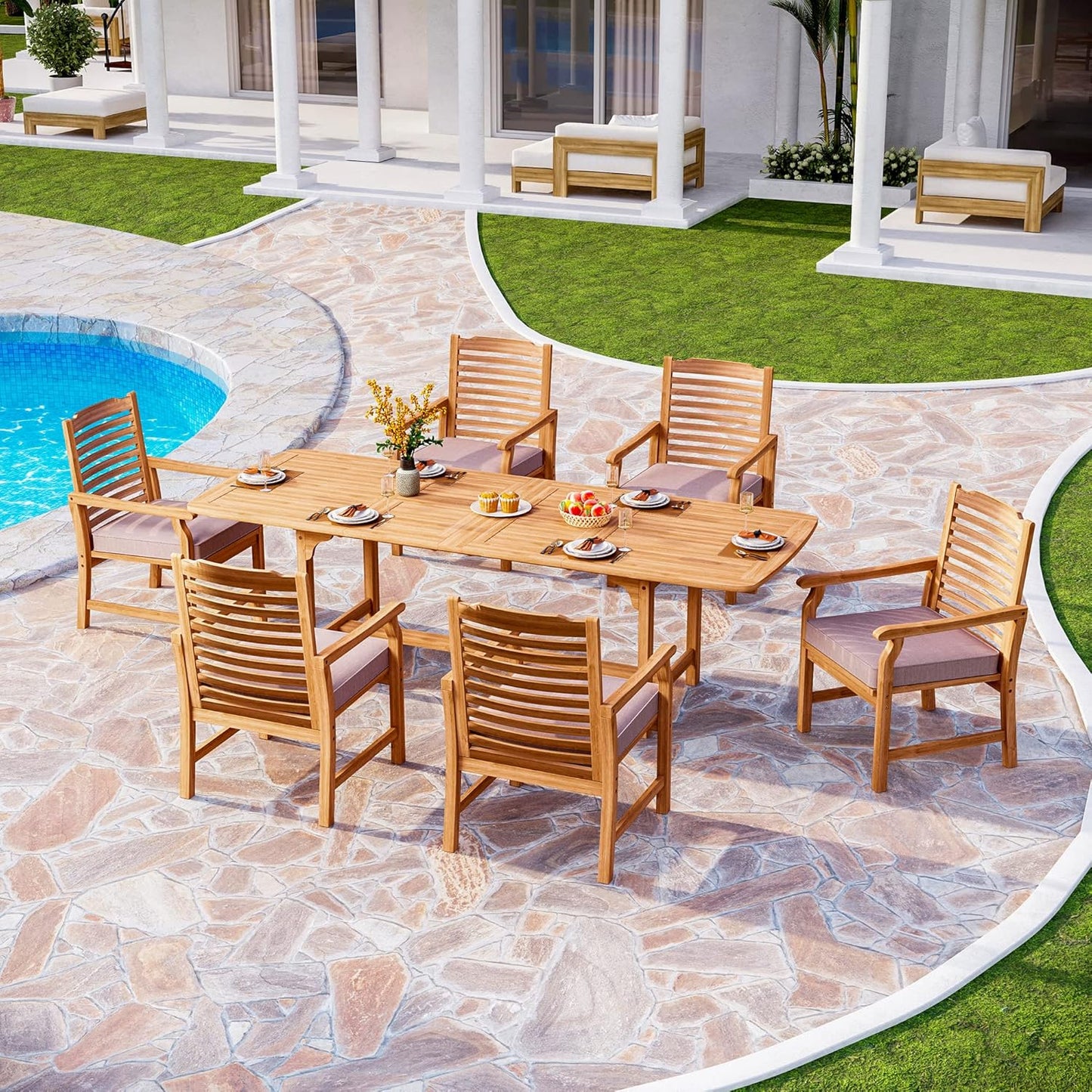 PHI VILLA 7 PCS Acacia Wood Outdoor Dining Set for 6, Expandable Teak Wooden Table & Chairs with Cushions, Farmhouse Dining Furniture Set for Patio, Deck, Yard