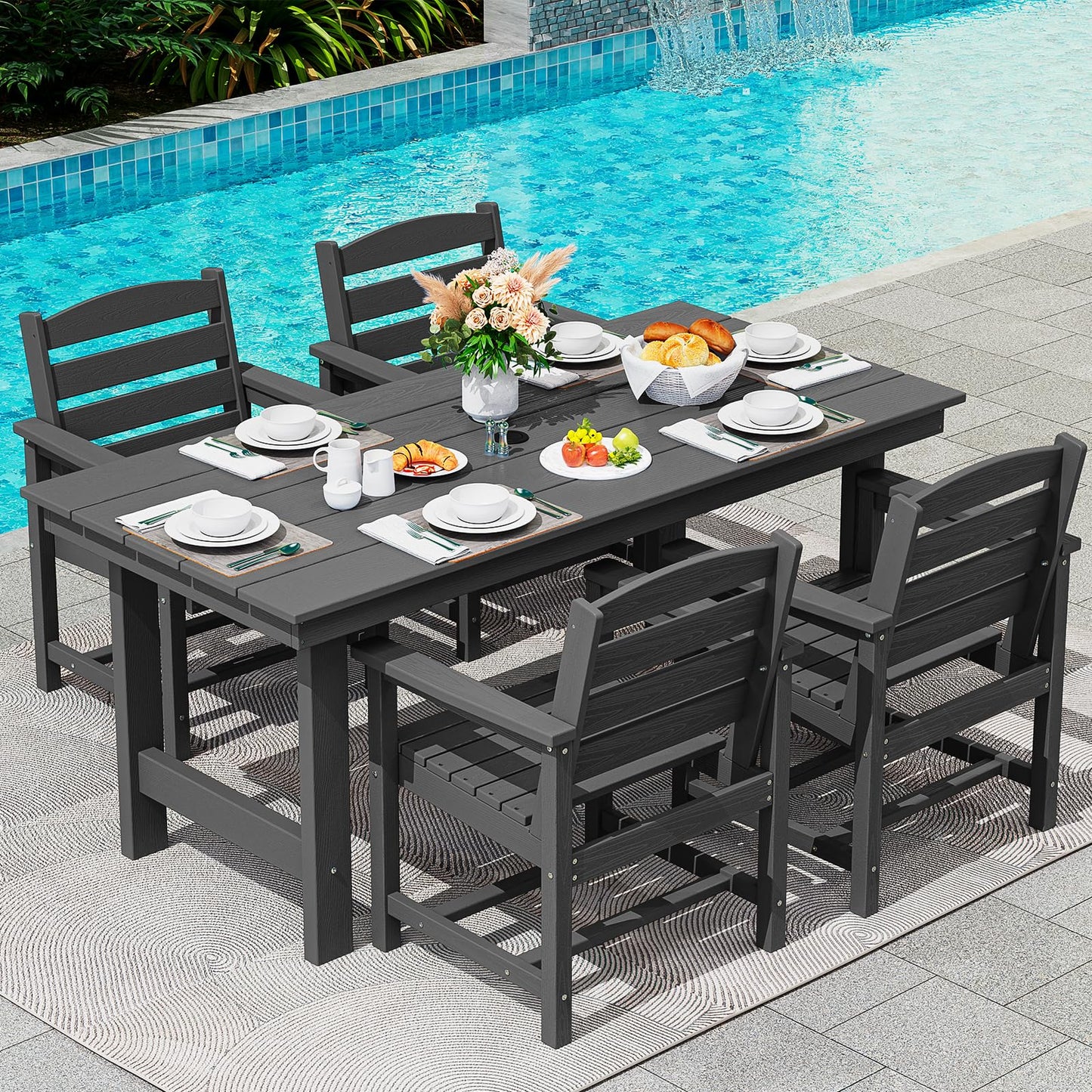 SERWALL Outdoor HDPE Dining Table Set, 7-Piece Outdoor Dining Table Sets with Umbrella Hole Cut-Out Table and 6 Chairs, Gray