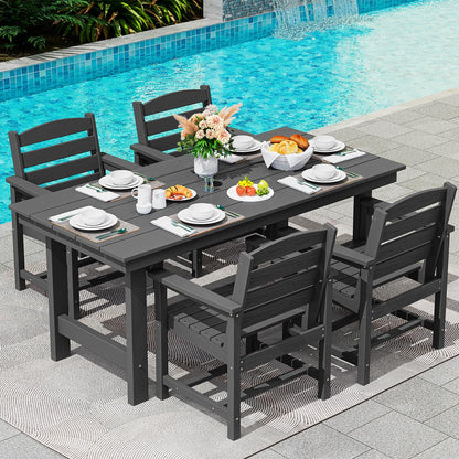 SERWALL Outdoor HDPE Dining Table Set, 7-Piece Outdoor Dining Table Sets with Umbrella Hole Cut-Out Table and 6 Chairs, Gray