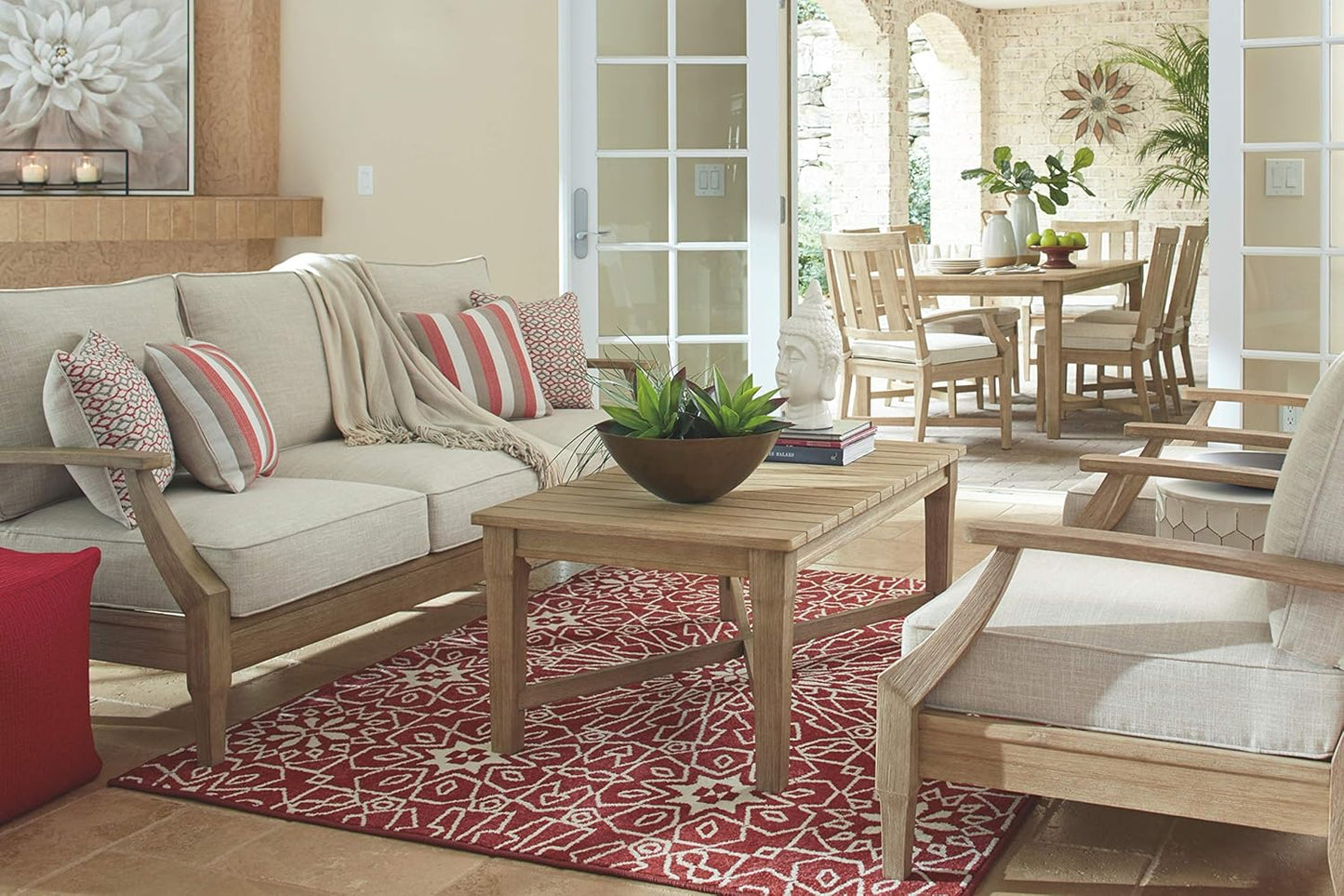 Signature Design by Ashley Clare View Outdoor Patio Sofa, 4 Throw Pillows, Nuvella Weather Resistant Fabric, Eucalyptus Wood, 81" W x 35" D x 32" H, Beige