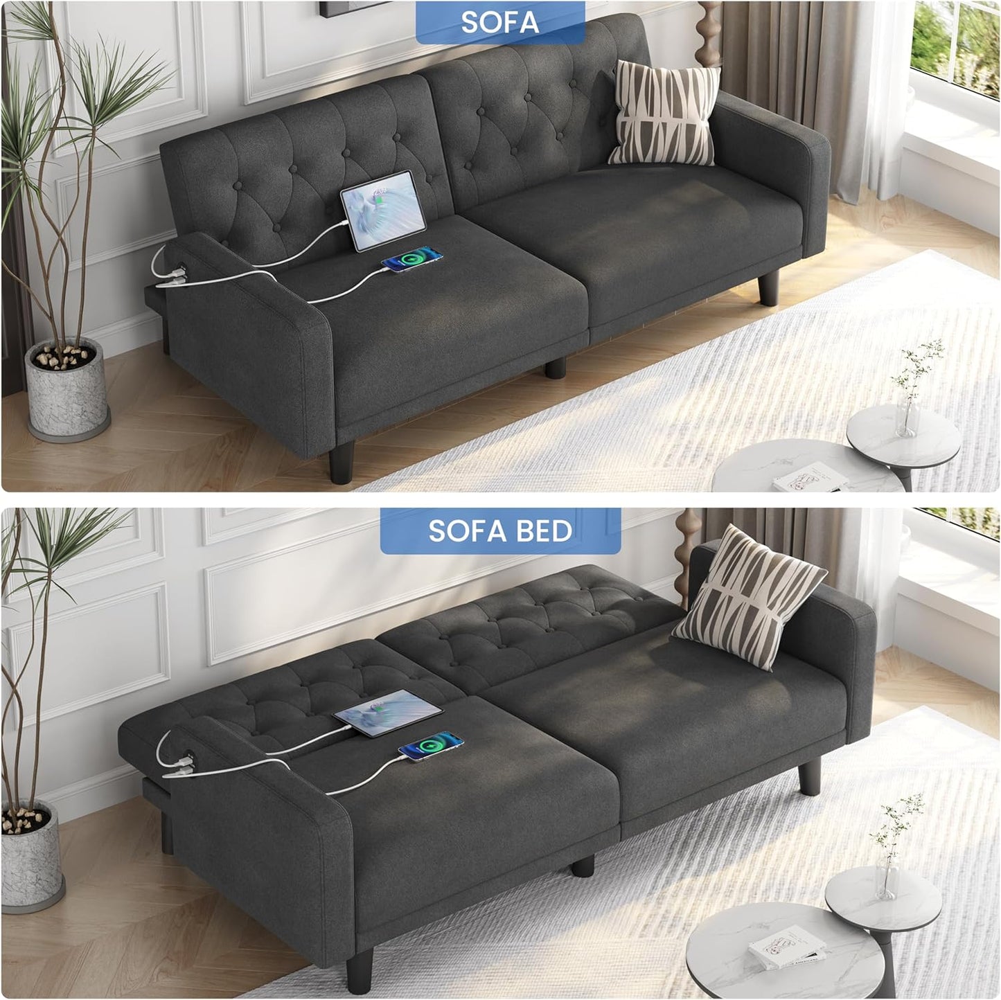 Yaheetech 63" Convertible Couch Small Futon Sofa Bed with 2 USB Ports, Reclining Backrest & Removable Armrests, Mid Century Modern Loveseat for Living Room, Apartment, Office, Dark Gray