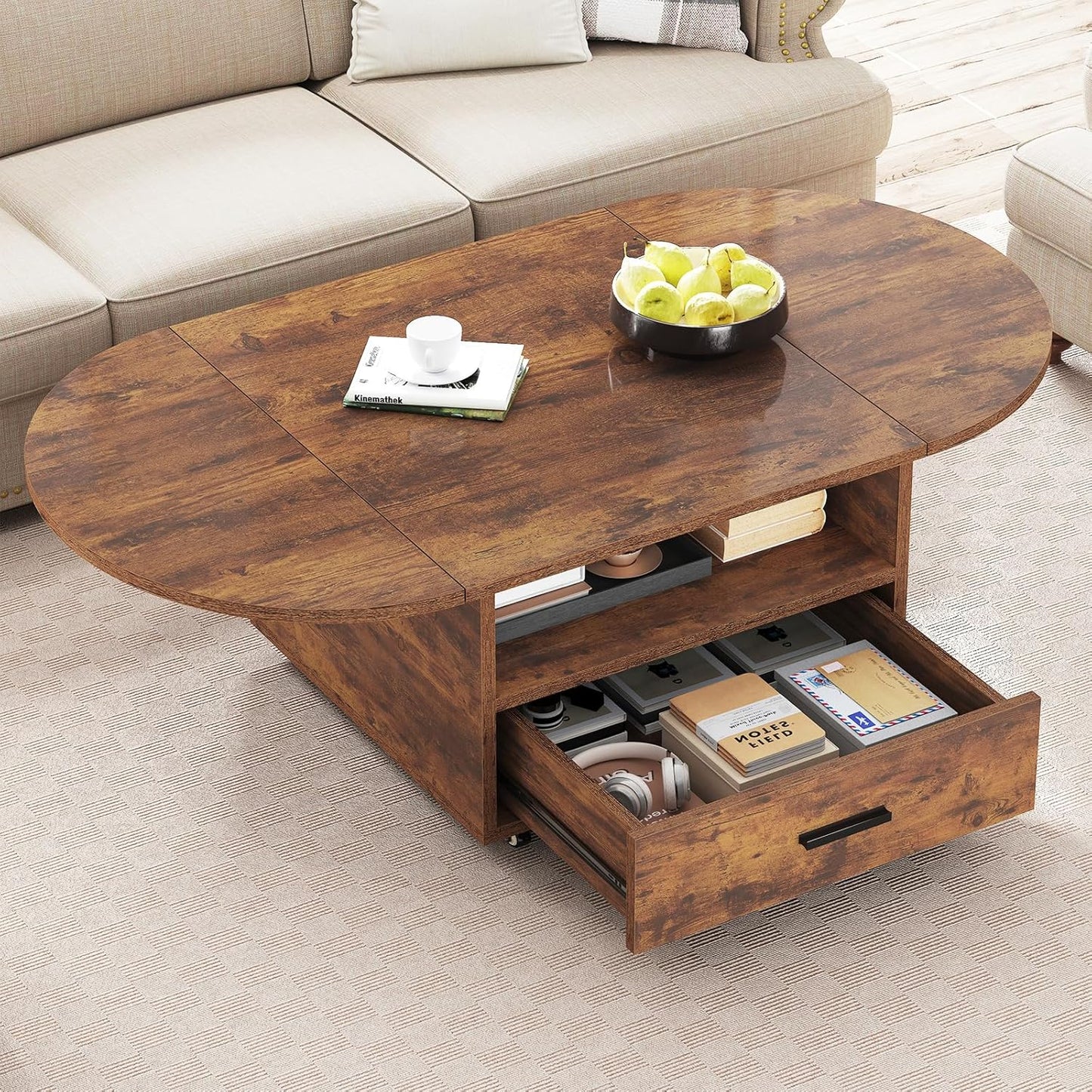 IBF Coffee Table with Storage, Wood Oval Living Room Table with Drawer, Multifunctional Rustic Foldable Center Table, Extendable Tea Table with Wheels for Home Bedroom Office, Rustic Brown, 47 in
