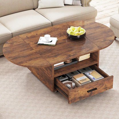 IBF Coffee Table with Storage, Wood Oval Living Room Table with Drawer, Multifunctional Rustic Foldable Center Table, Extendable Tea Table with Wheels for Home Bedroom Office, Rustic Brown, 47 in