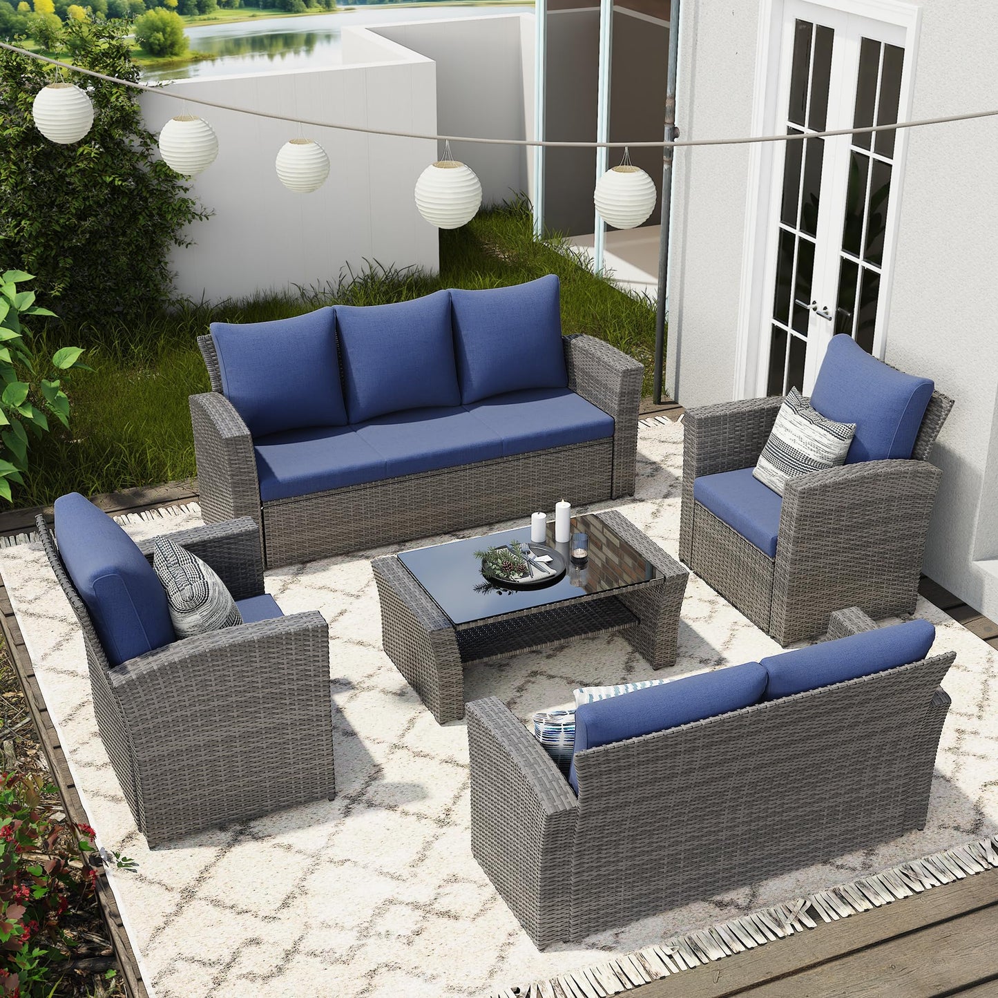 Wisteria Lane 4 Piece Patio Furniture Set, Wicker Outdoor Patio Conversation Furniture Set, All Weather Outdoor Patio Sofa with Cushion and Glass Table, Brown