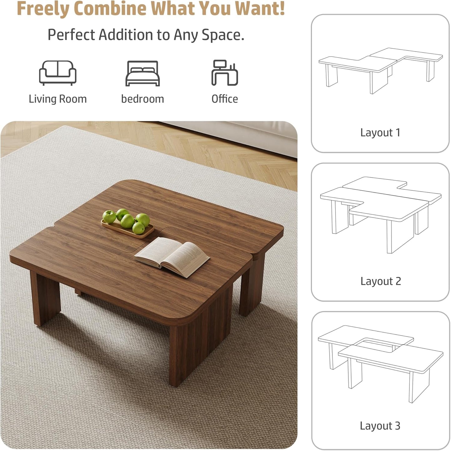 Mid Century Modern Coffee Table for Living Room, Wood Coffee Table with Free Adjustable Shape, Square Living Room Table Minimalist Tea Table, Brown Nesting Table Set of 2
