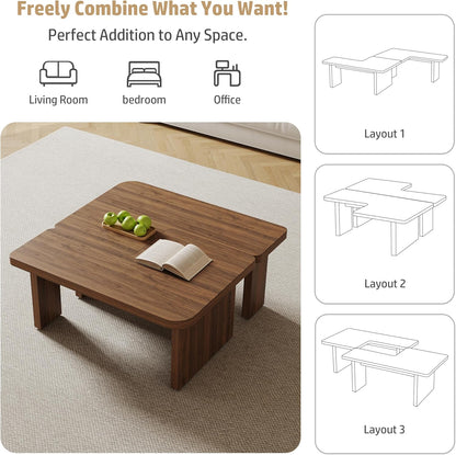 Mid Century Modern Coffee Table for Living Room, Wood Coffee Table with Free Adjustable Shape, Square Living Room Table Minimalist Tea Table, Brown Nesting Table Set of 2