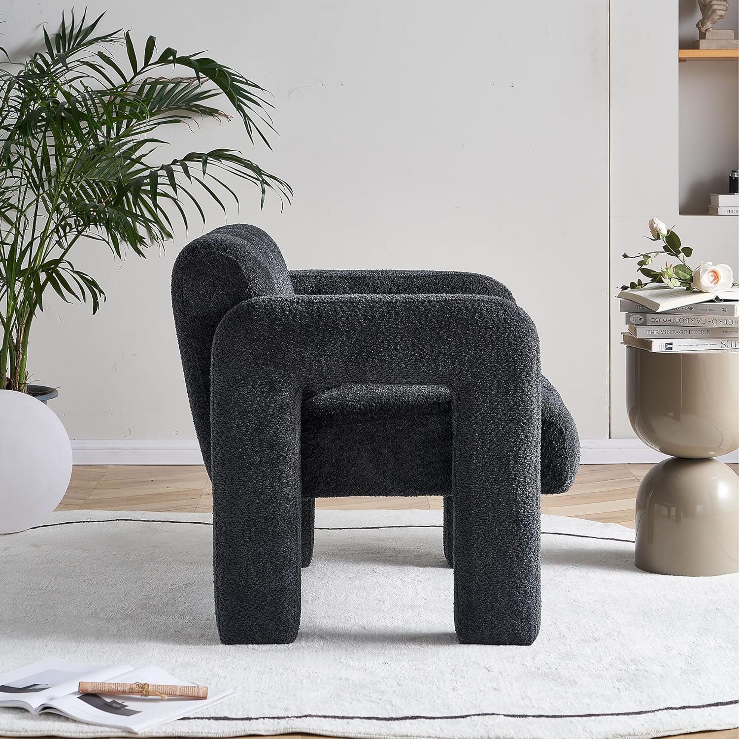 Yoglad Modern Accent Chair, Bouclé Fabric Upholstered Armchair, Comfy Single Chair for Living Room Lounge Bedroom Office-Dark Grey