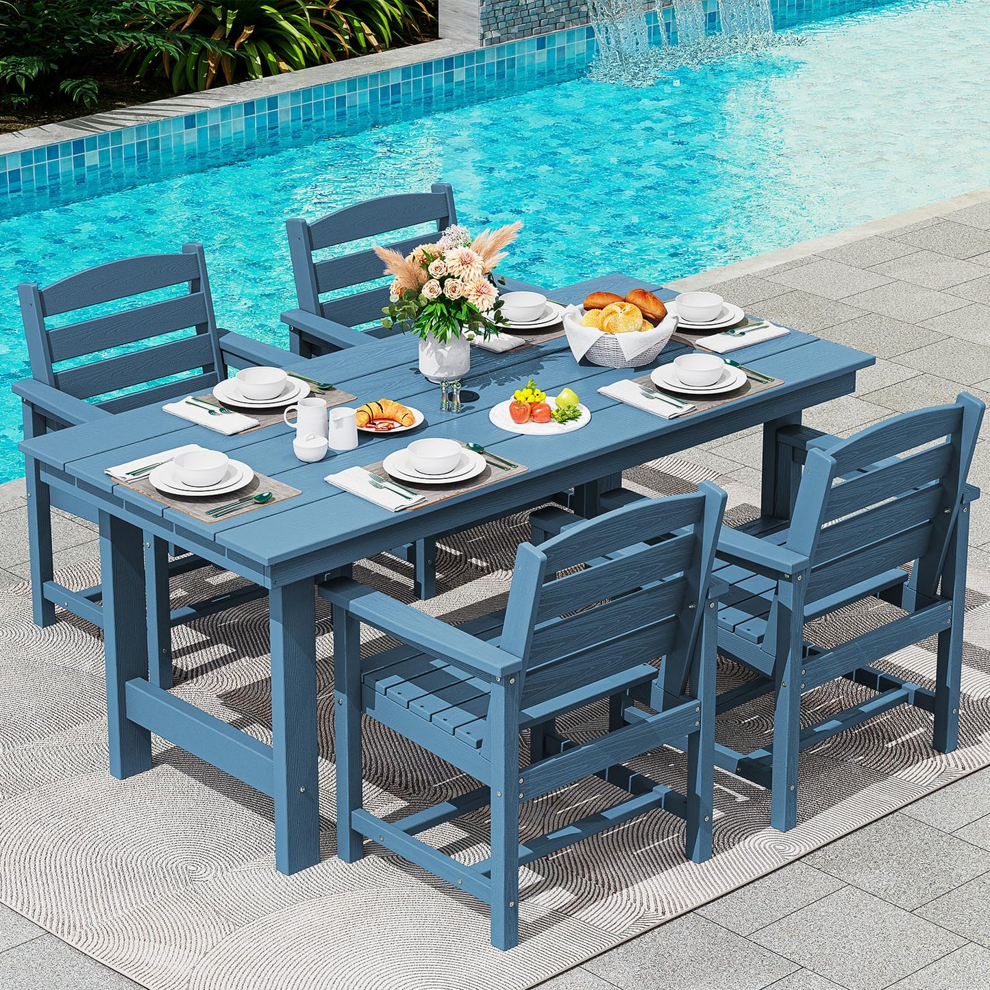 SERWALL Outdoor HDPE Dining Table Set, 7-Piece Outdoor Dining Table Sets with Umbrella Hole Cut-Out Table and 6 Chairs, Gray