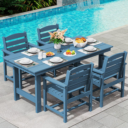 SERWALL Outdoor HDPE Dining Table Set, 7-Piece Outdoor Dining Table Sets with Umbrella Hole Cut-Out Table and 6 Chairs, Gray