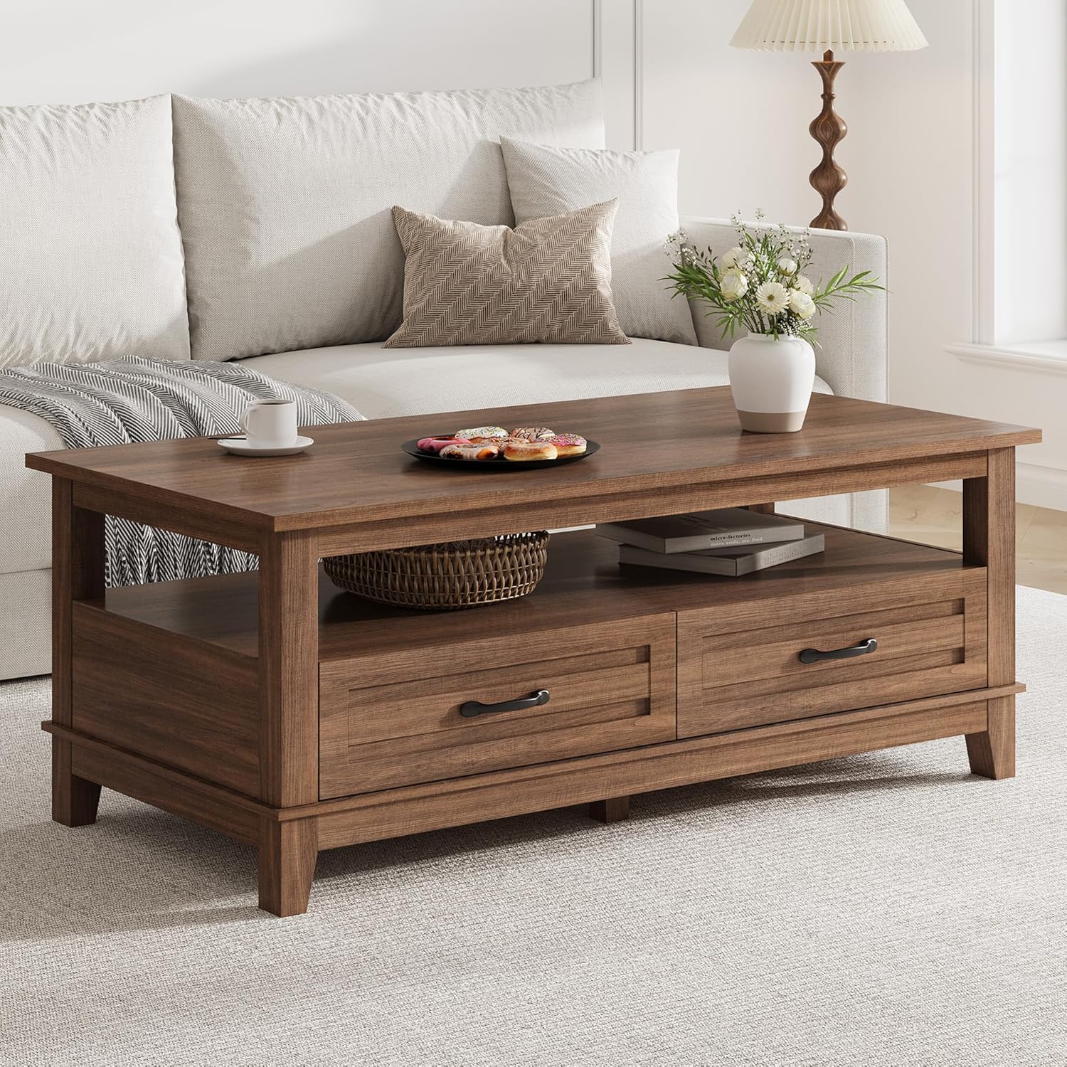 GarveeHome Farmhouse Coffee Table with Drawers, 47.2 in Center Table Rustic Coffee Tables Walnut Center Table with Open Shelf, 6 Support Legs