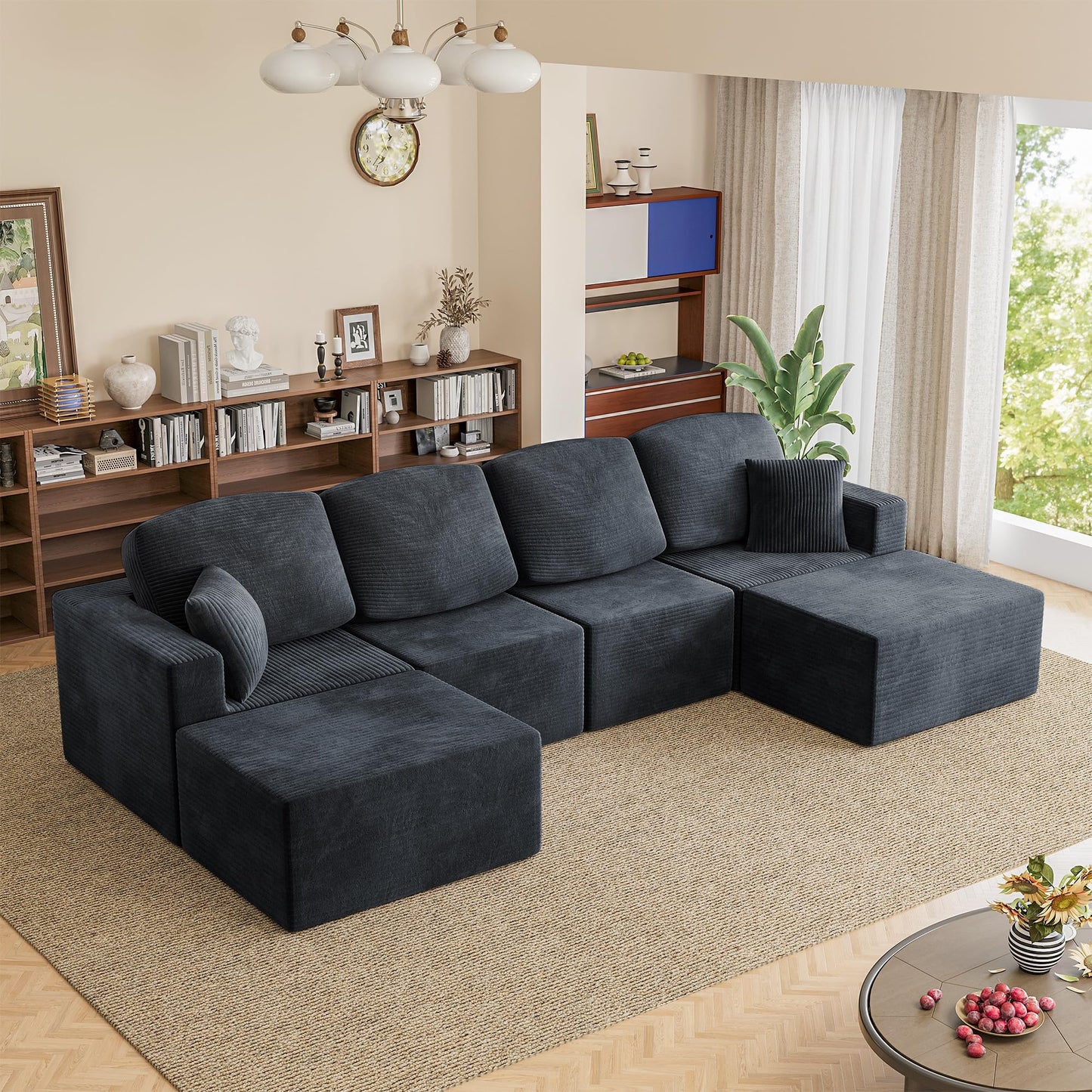 Homall 126" Modern Fabric Boneless Couch with Deep Seat, Sectional Couches for Living Room, Upholstered Cloud Sofa with 2 Ottoman, No Assembly Required (Dark Grey, U Shaped Sofa)