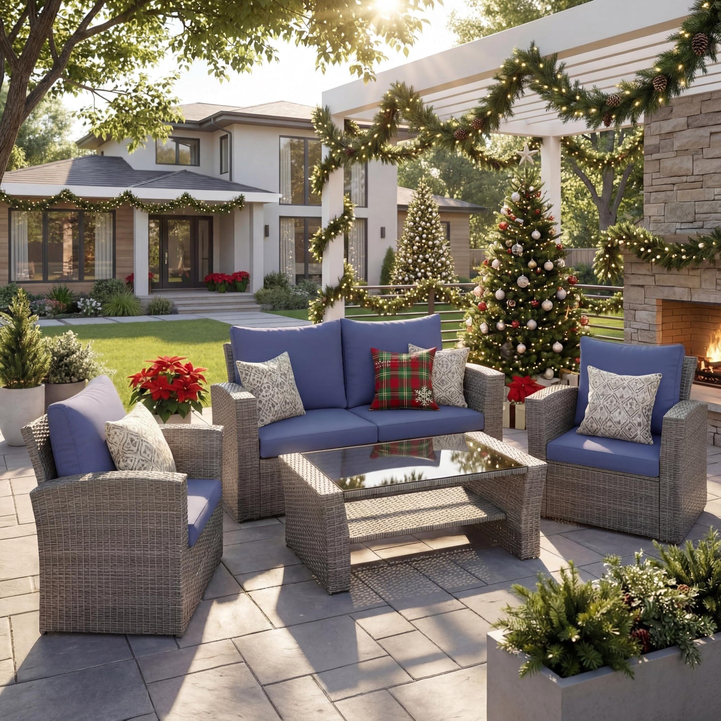 Wisteria Lane 4 Piece Patio Furniture Set, Wicker Outdoor Patio Conversation Furniture Set, All Weather Outdoor Patio Sofa with Cushion and Glass Table, Brown