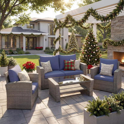 Wisteria Lane 4 Piece Patio Furniture Set, Wicker Outdoor Patio Conversation Furniture Set, All Weather Outdoor Patio Sofa with Cushion and Glass Table, Brown