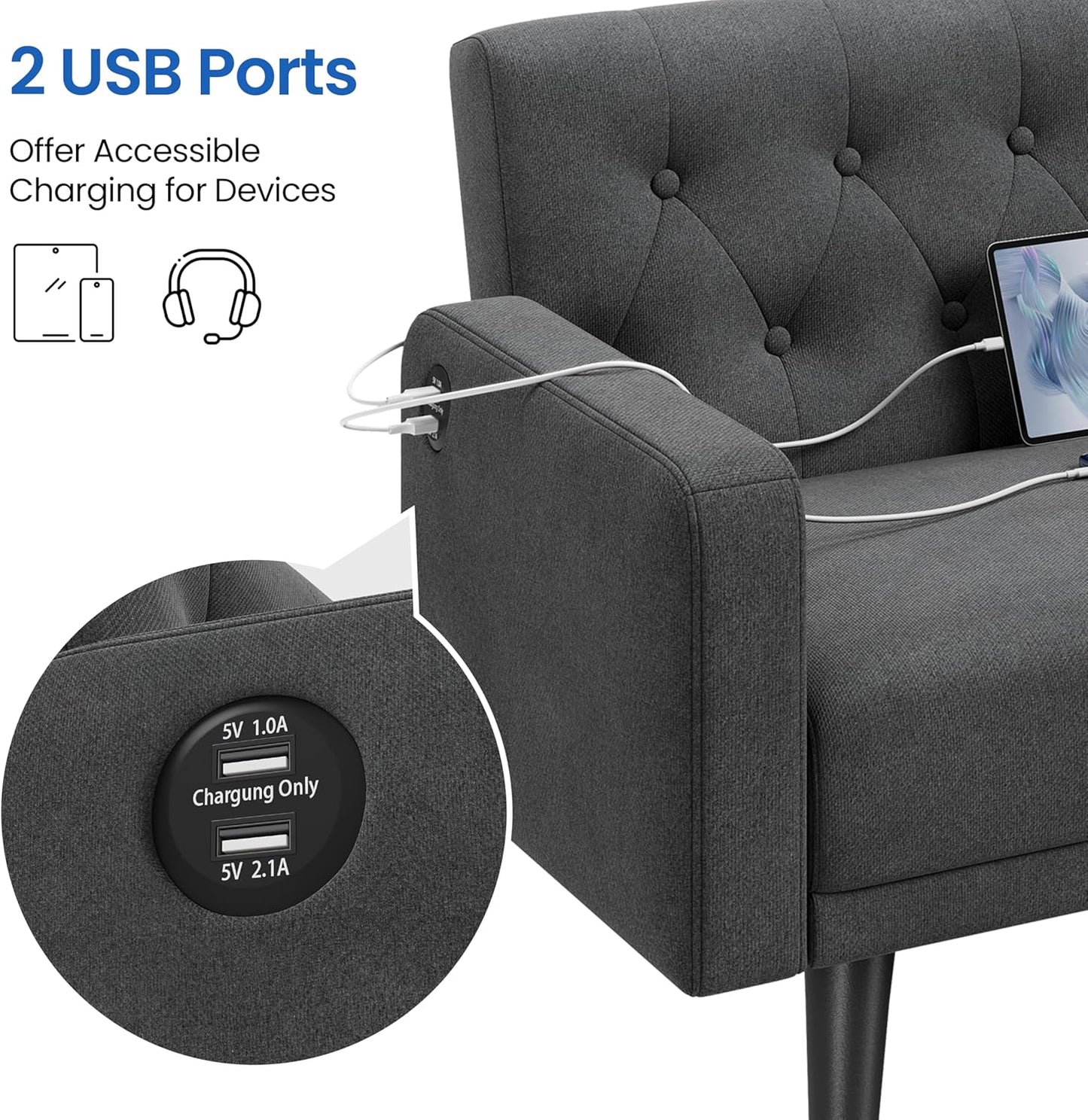 Yaheetech 63" Convertible Couch Small Futon Sofa Bed with 2 USB Ports, Reclining Backrest & Removable Armrests, Mid Century Modern Loveseat for Living Room, Apartment, Office, Dark Gray