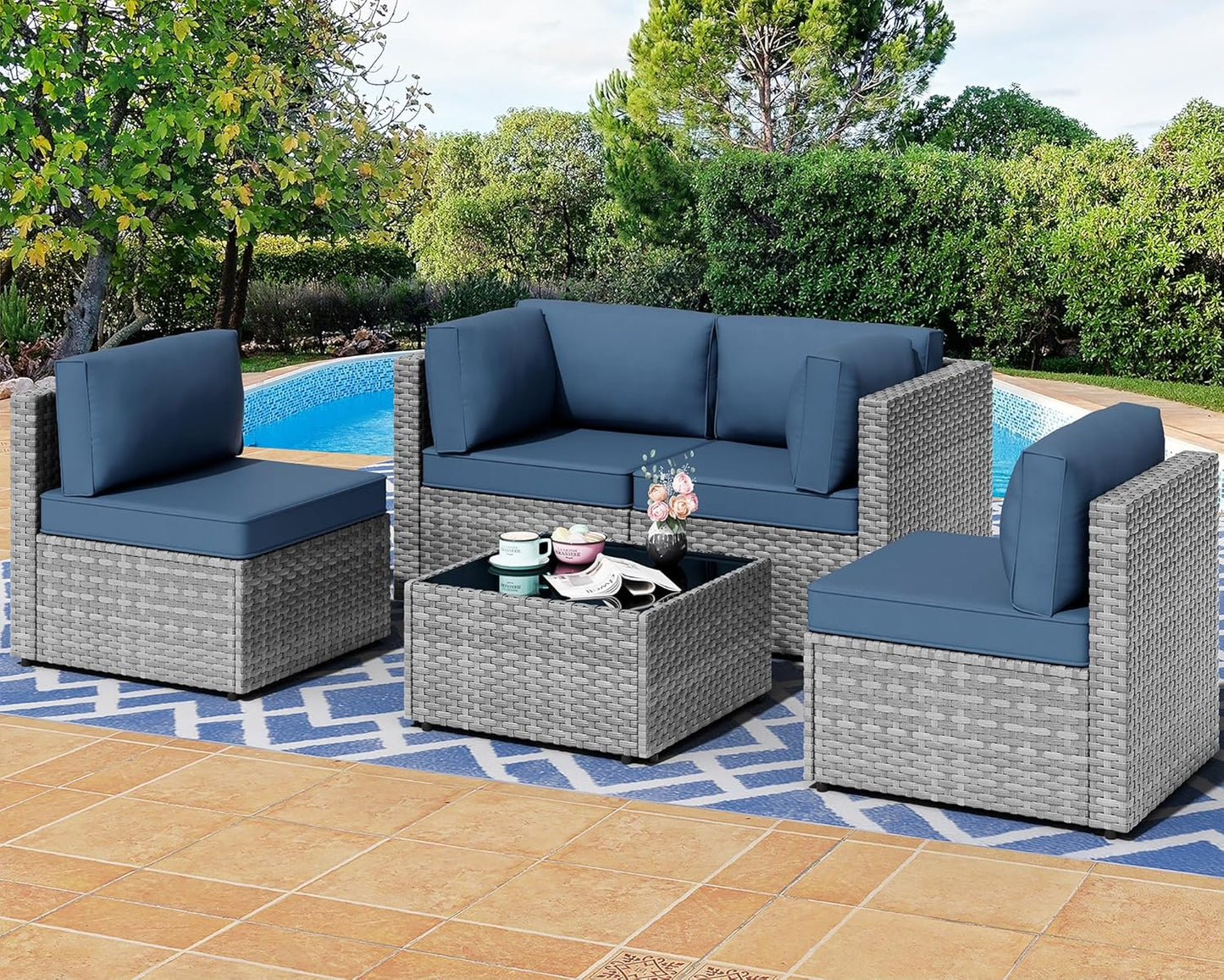 Shintenchi 5 Pieces Outdoor Patio Furniture Sets, Patio Sectional Sofa Couch, Gray PE Wicker Furniture Modular Patio Conversation Sets Patio Sofa with Washable Cushions & Table（Aegean Blue）