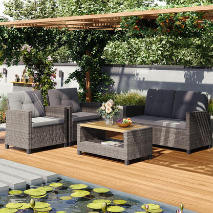 Wisteria Lane 4 Piece Patio Furniture Set, Wicker Outdoor Patio Conversation Furniture Set, All Weather Outdoor Patio Sofa with Cushion and Glass Table, Brown