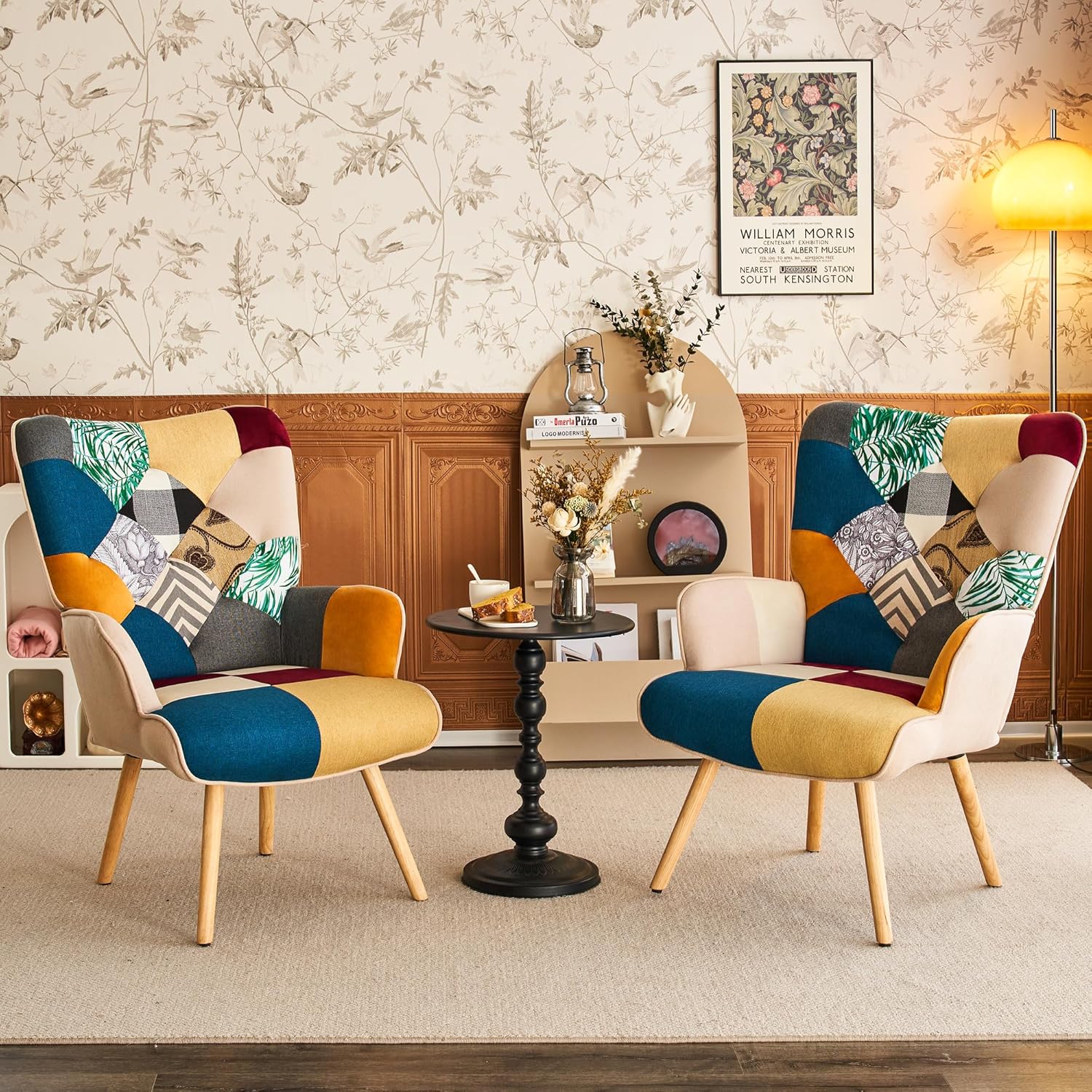 Accent Chair, Living Room Chair, Modern High Back Armchair, Colorful Patchwork Reading Chairs for Bedroom, Lounge Chair with Linen Fabric Shell and Solid Wood Feets (1, Colorful)