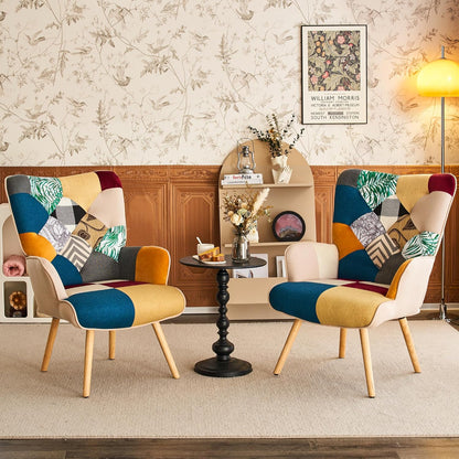 Accent Chair, Living Room Chair, Modern High Back Armchair, Colorful Patchwork Reading Chairs for Bedroom, Lounge Chair with Linen Fabric Shell and Solid Wood Feets (1, Colorful)