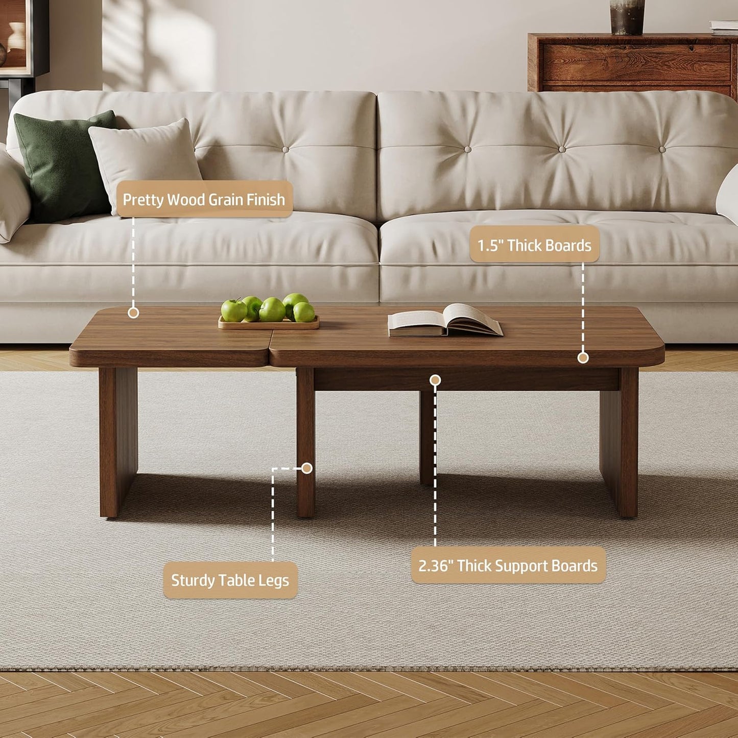 Mid Century Modern Coffee Table for Living Room, Wood Coffee Table with Free Adjustable Shape, Square Living Room Table Minimalist Tea Table, Brown Nesting Table Set of 2