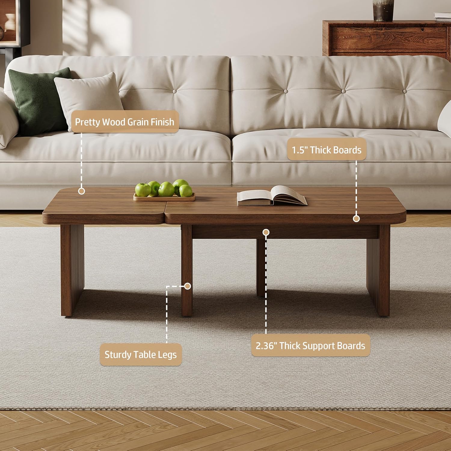 Mid Century Modern Coffee Table for Living Room, Wood Coffee Table with Free Adjustable Shape, Square Living Room Table Minimalist Tea Table, Brown Nesting Table Set of 2