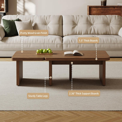 Mid Century Modern Coffee Table for Living Room, Wood Coffee Table with Free Adjustable Shape, Square Living Room Table Minimalist Tea Table, Brown Nesting Table Set of 2