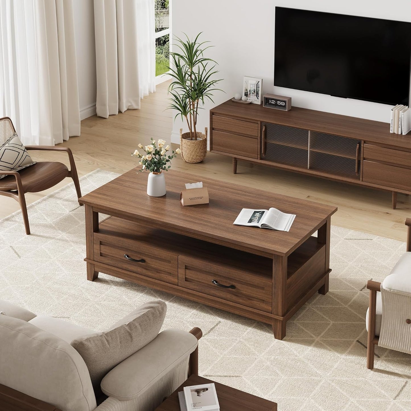 GarveeHome Farmhouse Coffee Table with Drawers, 47.2 in Center Table Rustic Coffee Tables Walnut Center Table with Open Shelf, 6 Support Legs