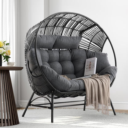 IRONCK 2 Person Egg Chair Outdoor Indoor, Oversized Double Wicker Lounge Chair, Thickened Padded Cushions and Headrests, 680Lbs Egg Loveseat for Patio, Balcony, Living Room, Porch, Gray