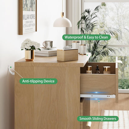 Fluted Nightstand, 24" Wide Side Table with 3 Large Storage Drawers, Mid Century Modern Wood Night Stand with Metal Handle, Wooden Bedside End Table for Bedroom, Living Room, Closet, Natural Oak