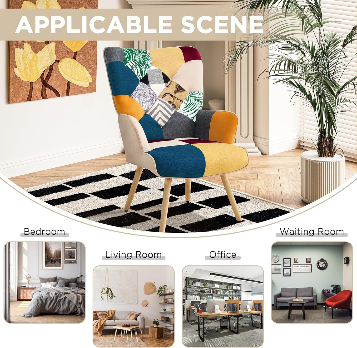 Accent Chair, Living Room Chair, Modern High Back Armchair, Colorful Patchwork Reading Chairs for Bedroom, Lounge Chair with Linen Fabric Shell and Solid Wood Feets (1, Colorful)