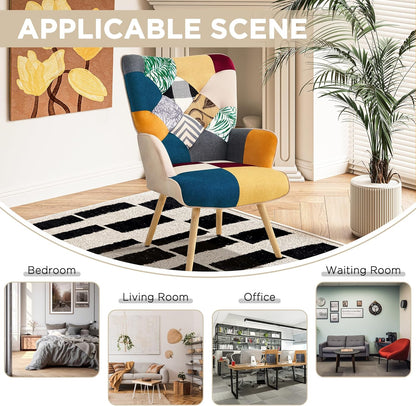 Accent Chair, Living Room Chair, Modern High Back Armchair, Colorful Patchwork Reading Chairs for Bedroom, Lounge Chair with Linen Fabric Shell and Solid Wood Feets (1, Colorful)