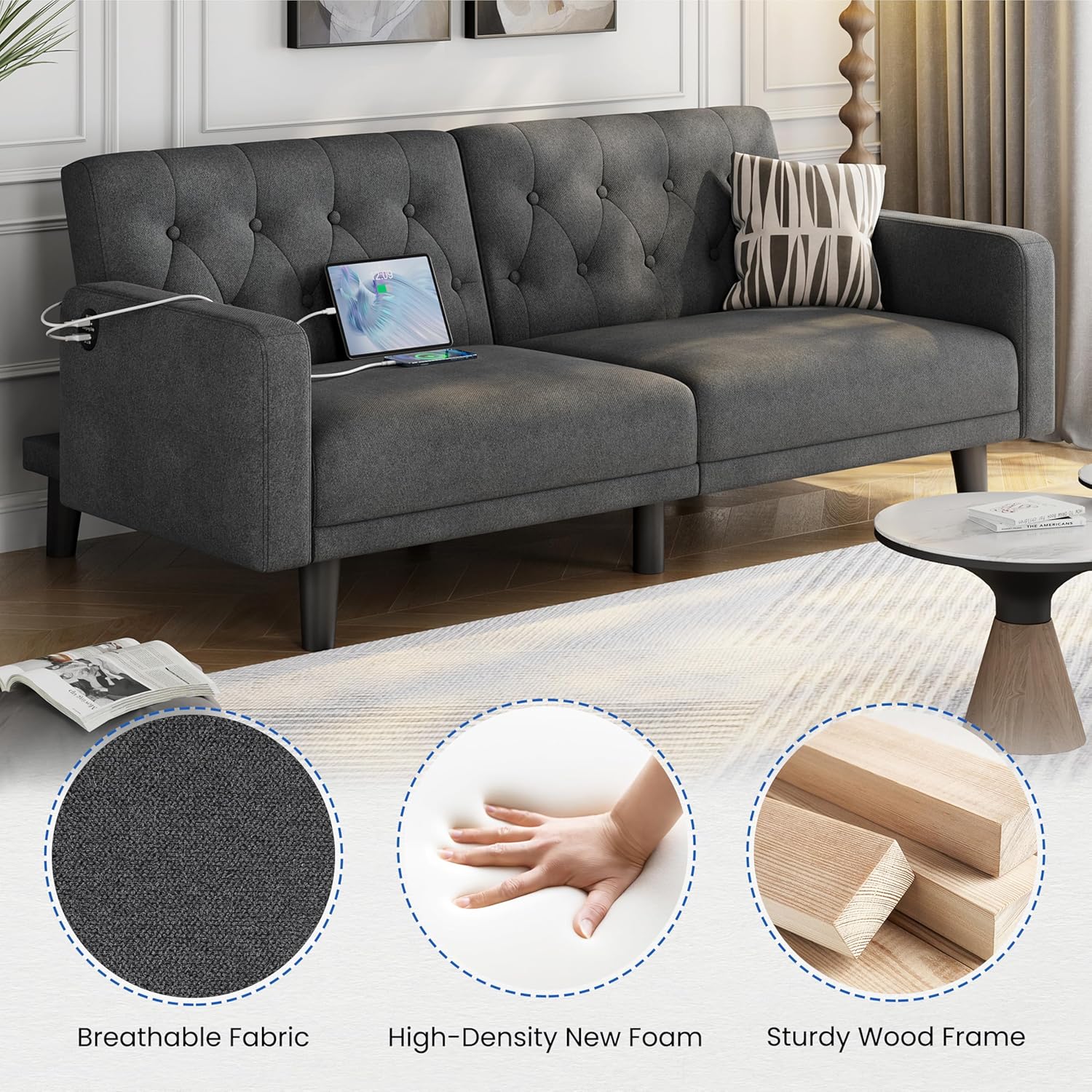 Yaheetech 63" Convertible Couch Small Futon Sofa Bed with 2 USB Ports, Reclining Backrest & Removable Armrests, Mid Century Modern Loveseat for Living Room, Apartment, Office, Dark Gray