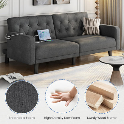 Yaheetech 63" Convertible Couch Small Futon Sofa Bed with 2 USB Ports, Reclining Backrest & Removable Armrests, Mid Century Modern Loveseat for Living Room, Apartment, Office, Dark Gray