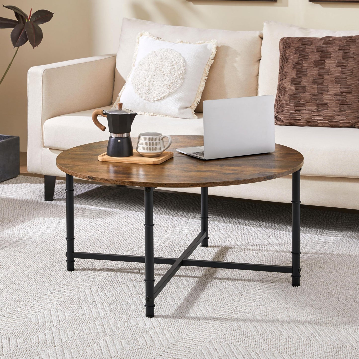 Yaheetech Round Coffee Table, Small Coffee Table with Sturdy Metal Legs for Living Room, Rustic Wood Circle Tables Easy to Assemble, 31.5 x 17.7 Inches