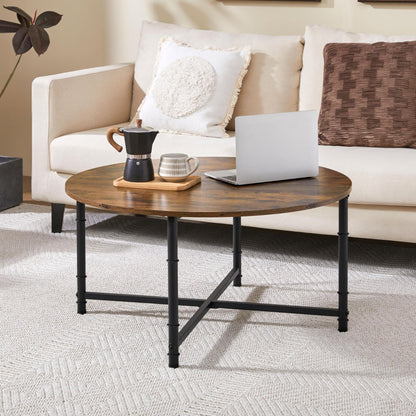 Yaheetech Round Coffee Table, Small Coffee Table with Sturdy Metal Legs for Living Room, Rustic Wood Circle Tables Easy to Assemble, 31.5 x 17.7 Inches